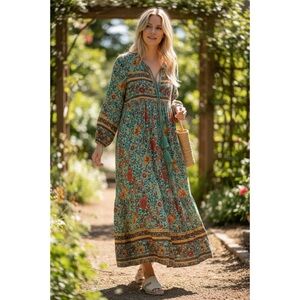 R. Vivimos Bohemian Floral Maxi Dress - Teal and Rust NWT Small